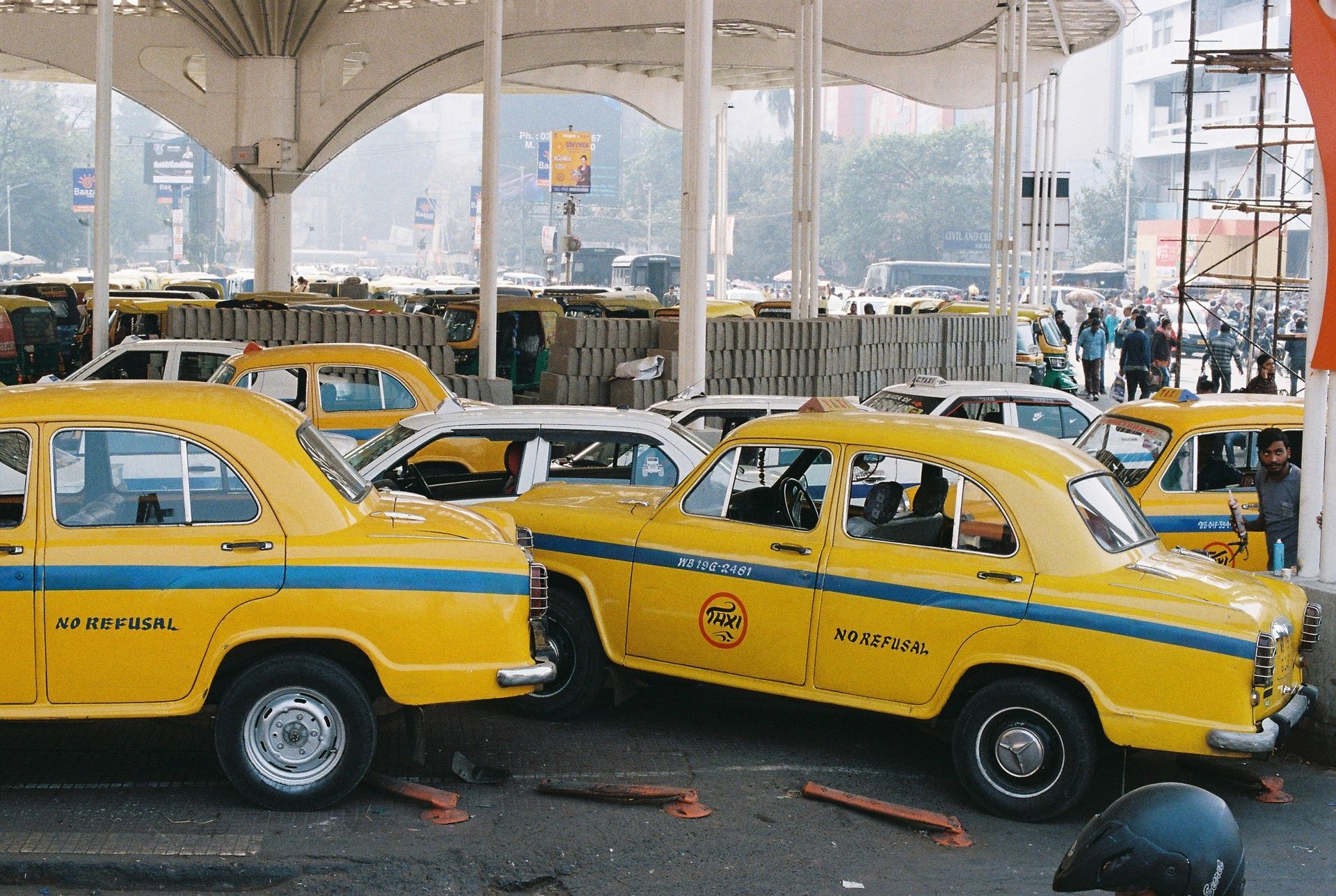 Yellow taxis at a stand in Kolkata, India